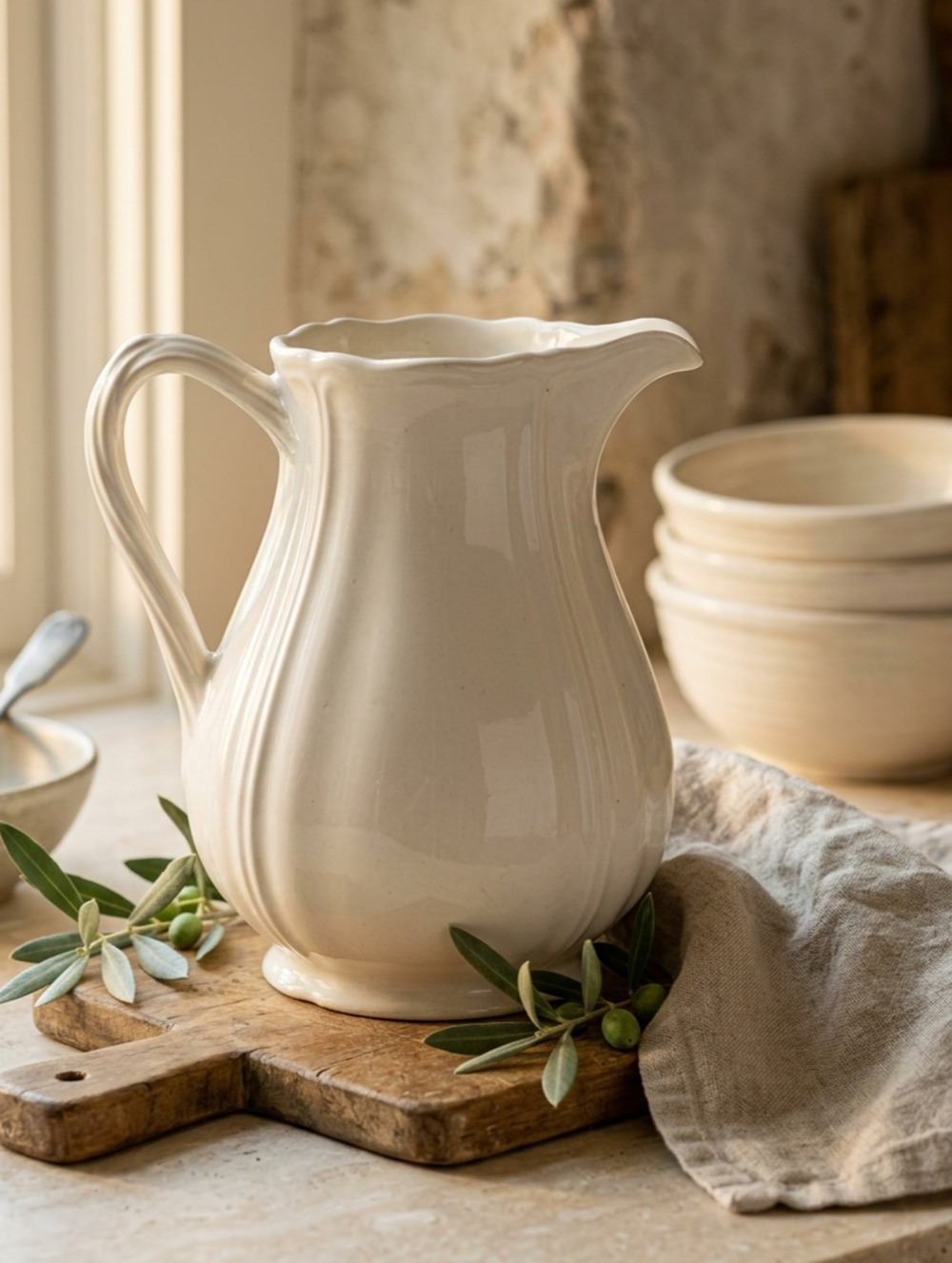 Wedgwood Queen's Shape Ceramic Pitcher White Scalloped Rim Vintage